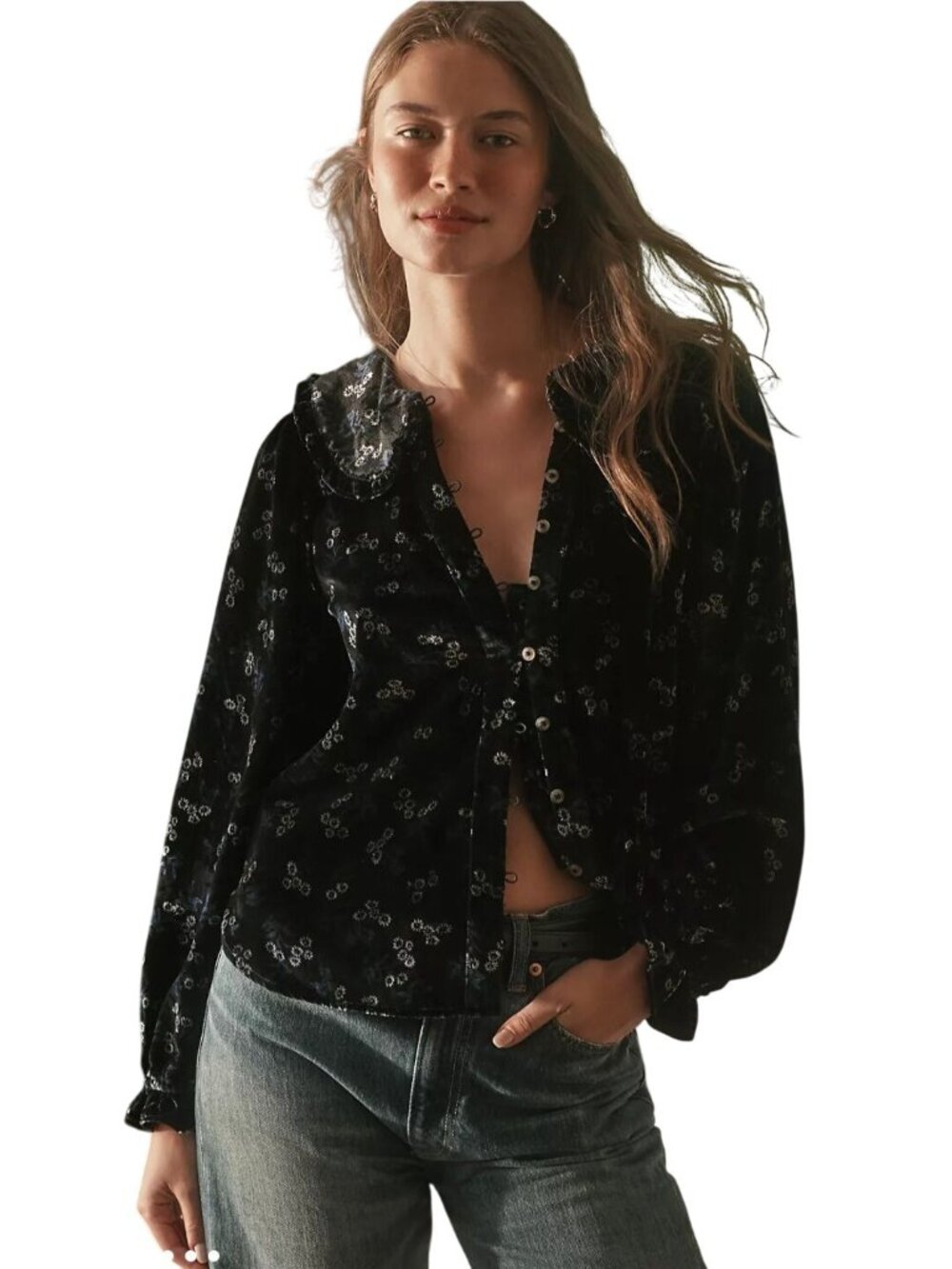 Anthropologie Pilcro NWT Kiera Collared Button Front Blouse Velvet Size XXS